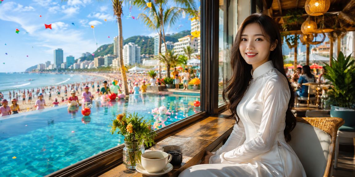 Người phụ nữ mặc áo dài tại Vũng Tàu tham gia nhận cashback và thưởng thức không khí biển